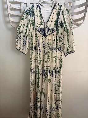 ba&sh Cream Maxi Dress with Green and Navy Print